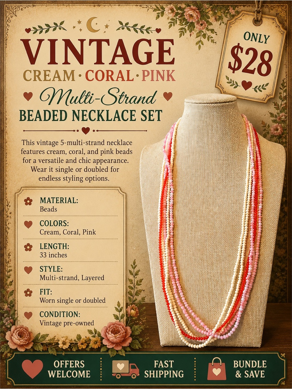 Vintage Cream Coral Pink Multi-Strand Beaded Necklace Set